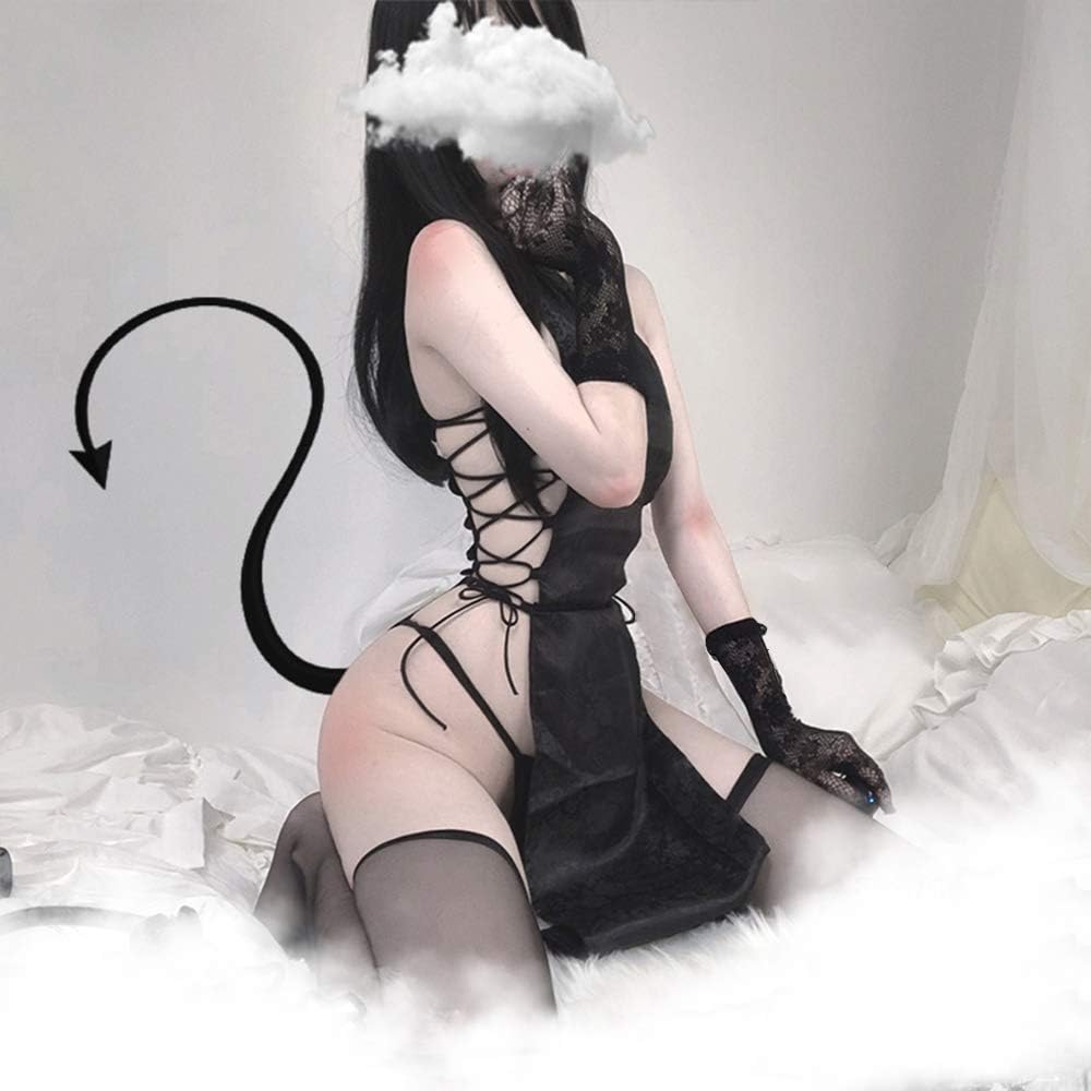 YOMORIO Sexy Chinese Cheongsam Dress Anime Cosplay Lingerie for Women Traditional Qipao (Black)