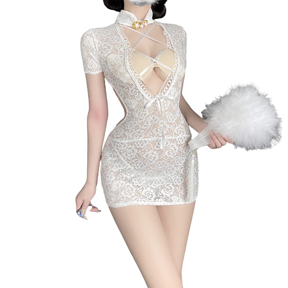 Women's Sexy Cosplay Perspective Mesh Cheongsam Chinese Fashion Tight Retro Dress