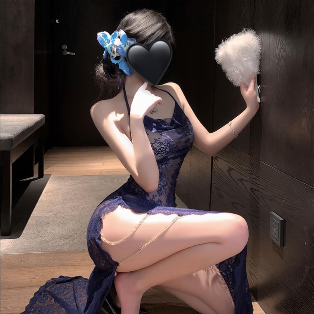 sexy cheongsam for women dress Lingerie Lace chinese Style outfit Qipao Costume High Split Roleplay Bodycon Nightgown anime cosplay Babydoll Thong party Long Skirt blue