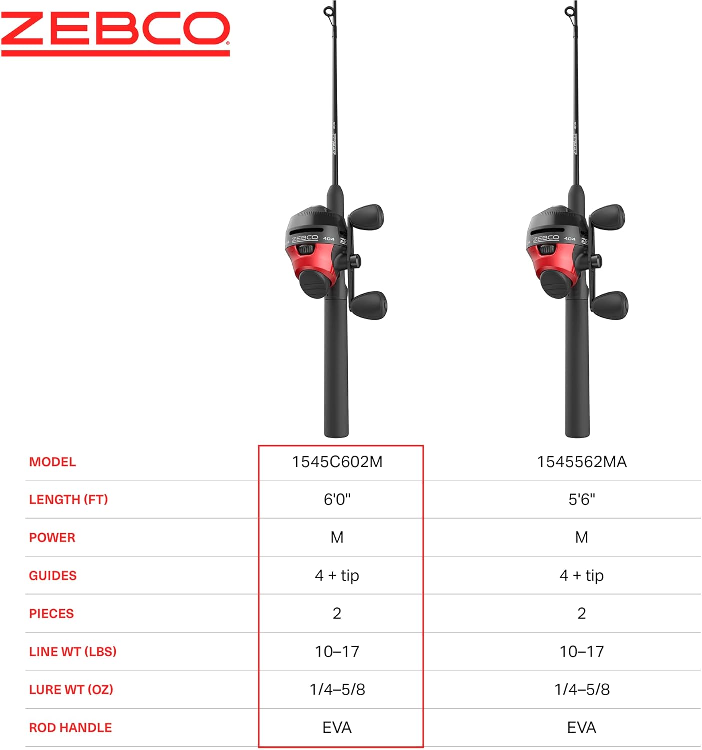 Zebco 404 Spincast Reel and Fishing Rod Combo, 6-Foot 2-Piece Fishing Pole, Size 40 Reel, Right-Hand Retrieve, Pre-Spooled with 15-Pound Zebco Line, Black/Red