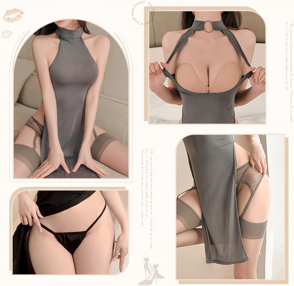 Sexy Cheongsam Lingerie Dress for women outfit Cosplay Costume High Split Chinese Style Qipao Underwear cutout Chemise Babydoll Anime Roleplay Strappy Thong Set Gray