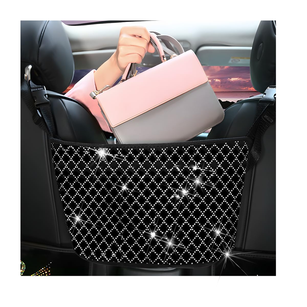 zipelo Bling Car Net Pocket Handbag Holder, Rhinestone Vehicle Backseat Purse Organizer Between Seats, Diamond Hanging Storage Bag Barrier of Pet Kids, Universal Automotive Accessories (Black)