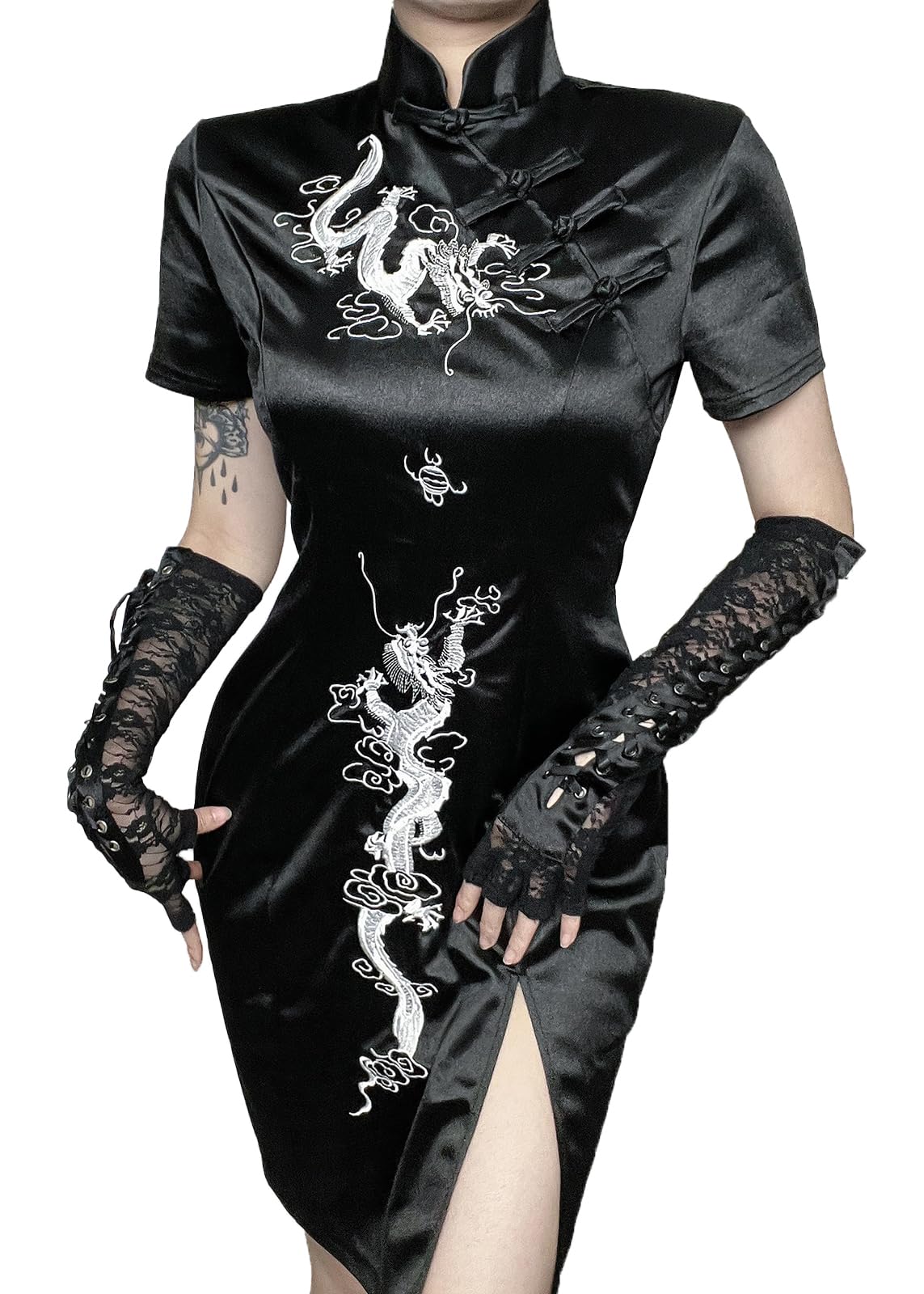 TSMNZMU Cheongsam Dress for Women Gothic Asian Sexy Midi Dress with Dragon Print