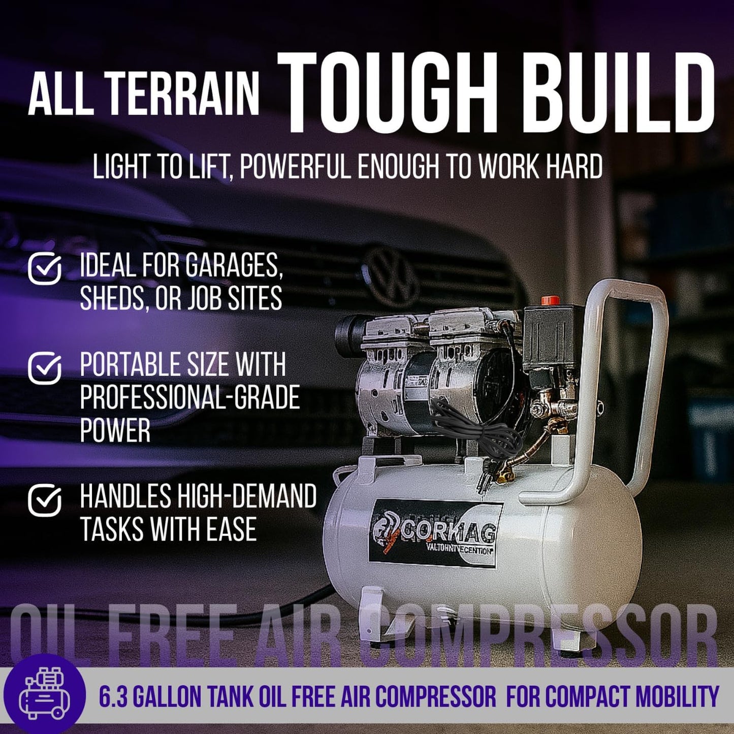 6.3 Gallon Ultra Quiet Air Compressor, 2HP 3.35 CFM@ 90PSI Pressure | 2800 RPM Oil-Free Portable Steel Tank filled in 60s, 60dB Quiet Compressor for Airbrush, Tire Inflation & Tools, 110V/60hz