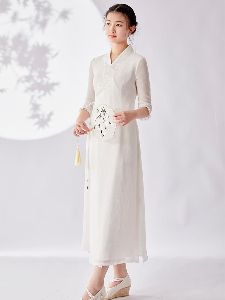 Women Chinese Hanfu Embroidered Clothing Classical Cross V-neck Tie Flowy Mesh Sheer Dance Top Chinese Style Clothes