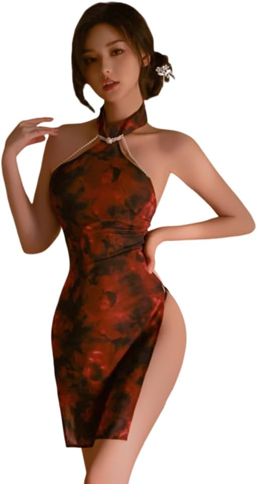 sexy cheongsam long dress for women lingerie cosplay Costume Chinese Style outfit Qipao anime Roleplay floral pearl High Split Nightgown Chemise Babydoll Bodycon Thong red