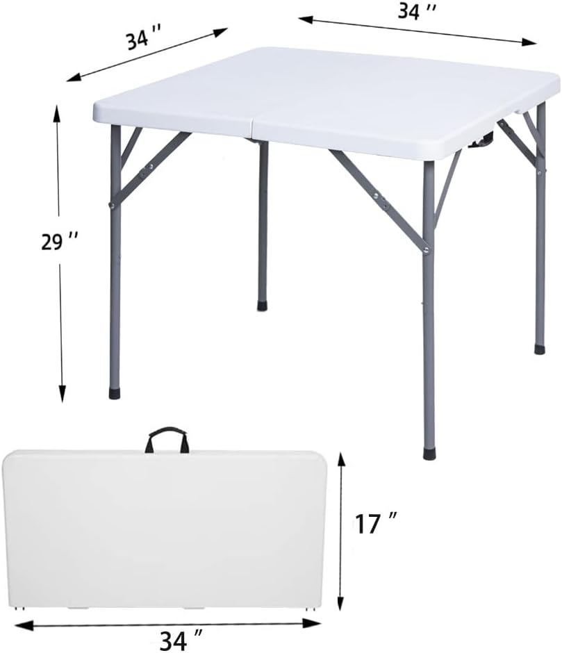 34" Square Folding Table, Plastic Commercial Folding Card Table with Collapsible Legs for Kitchen or Outdoor Party Wedding Event Indoor Outdoor Use, White