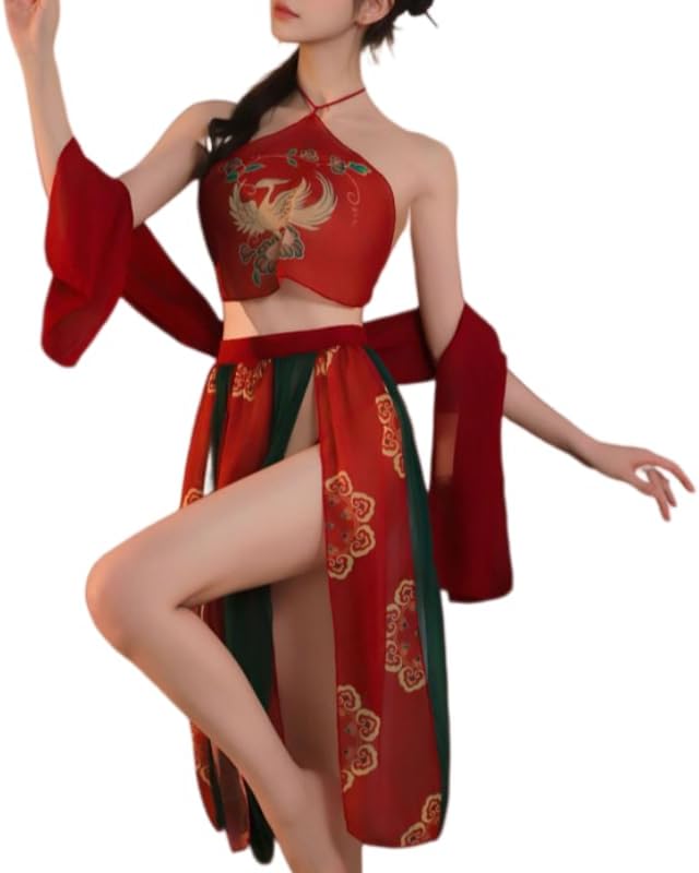 Sexy lingerie court style pure desire Hanfu set with draped veil, bellyband, striped skirt, and underwear in one size fits 88-143 pounds