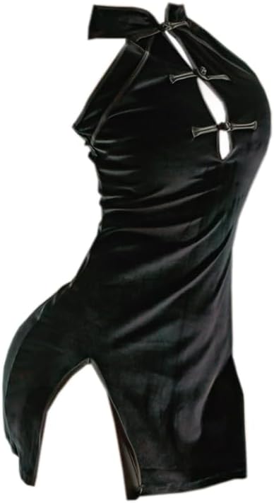 Sexy Cheongsam Dress for Women Lingerie Nightdress Chinese Style Qipao Outfit Costume Anime Cosplay Roleplay Bodycon Nightgown Velvet Bandage High Split Chemise Babydoll Thong Black