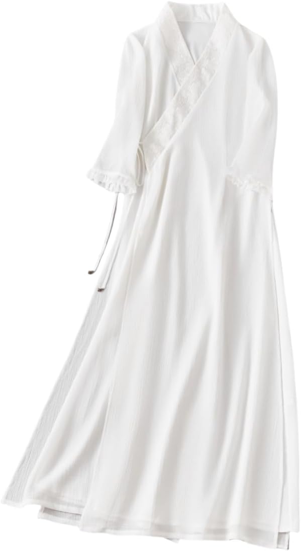 Women Chinese Hanfu Embroidered Clothing Classical Cross V-neck Tie Flowy Mesh Sheer Dance Top Chinese Style Clothes