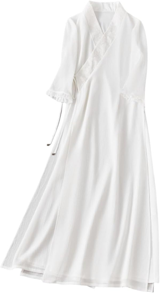 Women Chinese Hanfu Embroidered Clothing Classical Cross V-neck Tie Flowy Mesh Sheer Dance Top Chinese Style Clothes