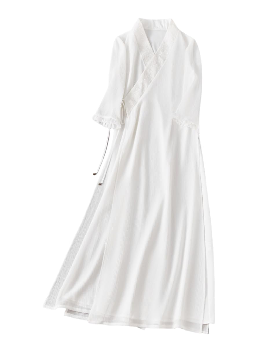 Women Chinese Hanfu Embroidered Clothing Classical Cross V-neck Tie Flowy Mesh Sheer Dance Top Chinese Style Clothes