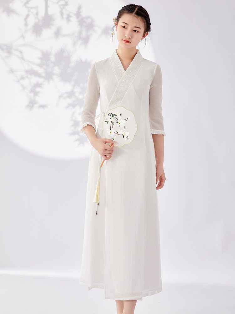 Women Chinese Hanfu Embroidered Clothing Classical Cross V-neck Tie Flowy Mesh Sheer Dance Top Chinese Style Clothes