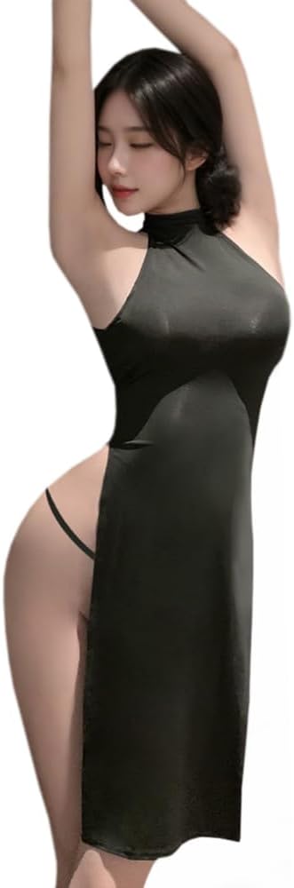 Sexy Cheongsam Lingerie Dress for women outfit Chinese Style Qipao Cosplay Costume Underwear Anime Roleplay High Split cutout Chemise Babydoll Strappy Thong Set Black