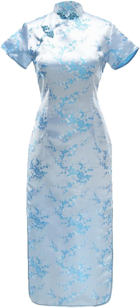 7Fairy Sexy Women's Light Blue Floral Long Chinese Dress Cheongsam