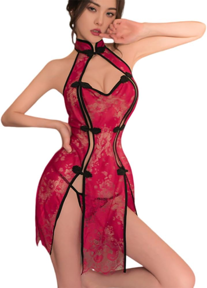 Women's cosplay lace high slit cheongsam lingerie party club outfit sexy hollow out perspective pajamas