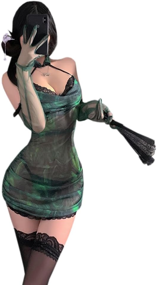 sexy cheongsam lingerie dress for women Cosplay Costume Chinese Style Halter Qipao outfit anime Roleplay short Strappy Mini Bodycon Nightgown High Split skirt green