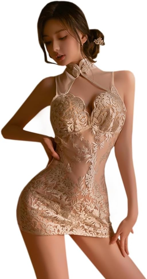 sexy cheongsam dress lingerie for women Chinese Qipao cosplay Costume Cutout Open Back outfit Floral Embroidered Bodycon Skirt Chemise anime Roleplay Babydoll Thong Golden