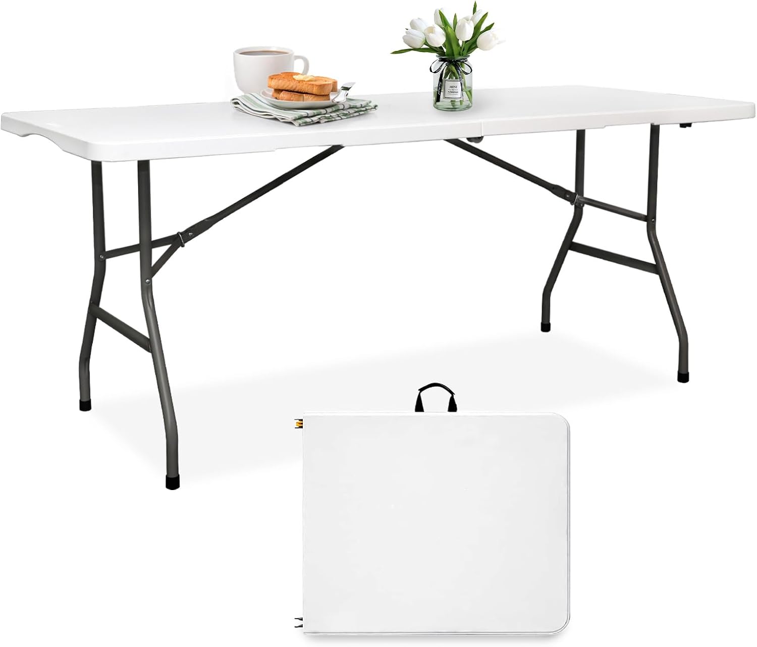 6FT Folding Table Plastic 6 Foot Foldable Table HDPE Portable Banquet Surface Fold-in-Half Desk Utility for Working Meeting,Parties, Picnic, Camping, Weddings, Catering, Garden Dining-White