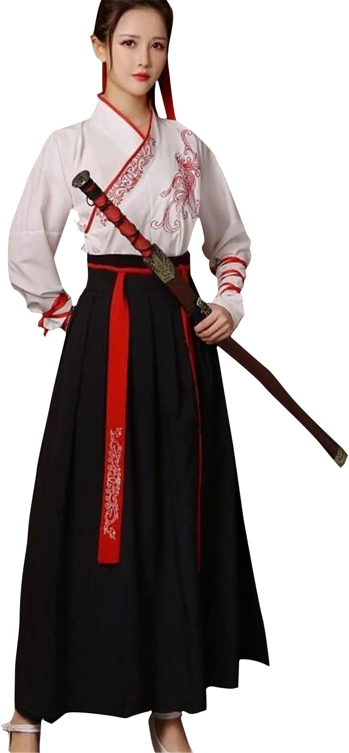 Women's Chinese Costume Long Sleeve Embroidery Hanfu Top High Waist Swing Skirt Outfit, Ancient Stage Performance