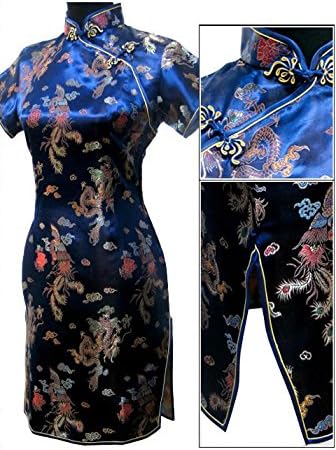 7Fairy Women's VTG Navy Blue Dragon Mini Chinese Prom Dress Cheongsam