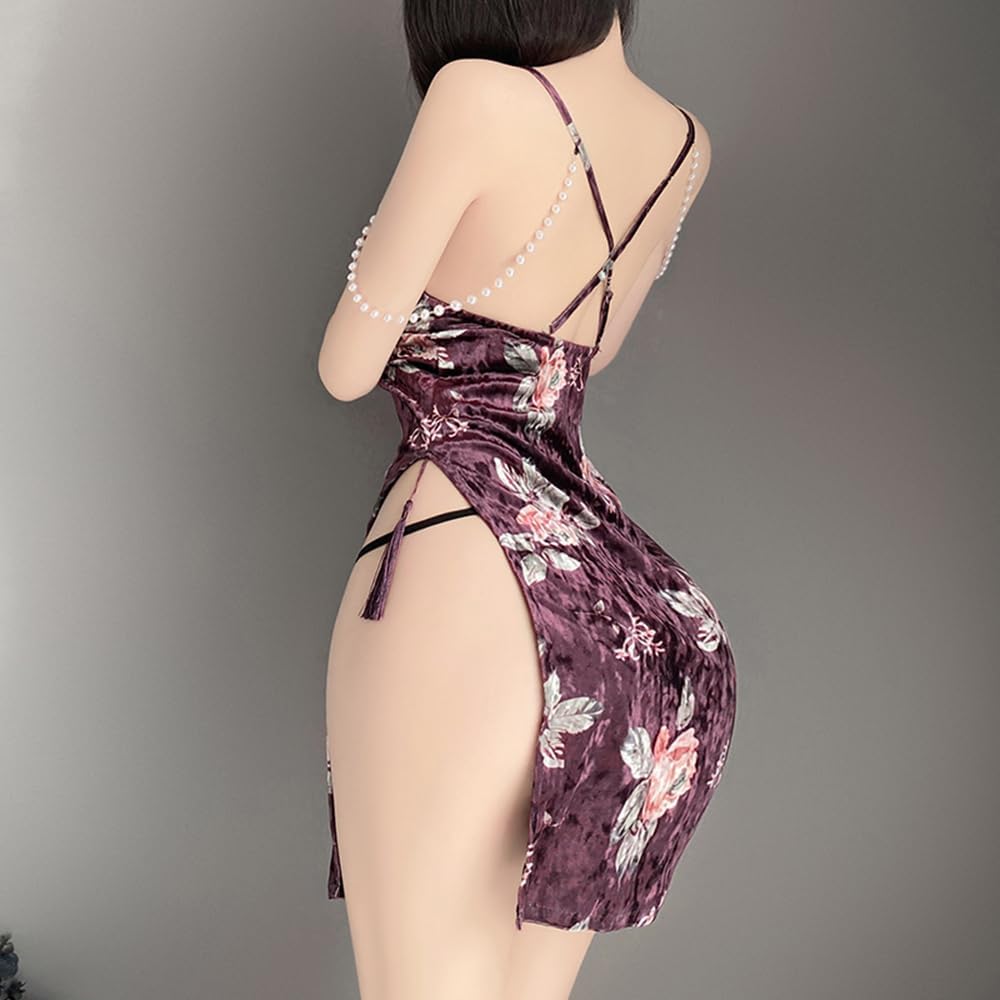 sexy chinese dress cheongsam lingerie for women anime cosplay Costume outfit underwear velvet chinese Style Qipao high slit Perspective Roleplay Bodycon Chemise Babydoll Thong Purple