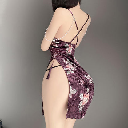 sexy chinese dress cheongsam lingerie for women anime cosplay Costume outfit underwear velvet chinese Style Qipao high slit Perspective Roleplay Bodycon Chemise Babydoll Thong Purple
