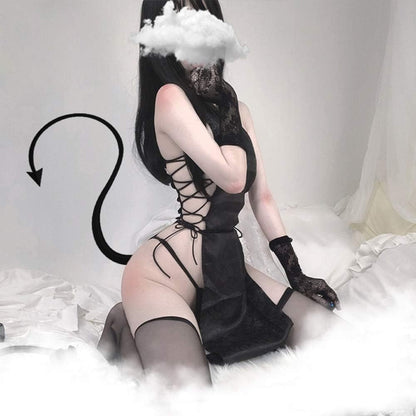 YOMORIO Sexy Chinese Cheongsam Dress Anime Cosplay Lingerie for Women Traditional Qipao (Black)