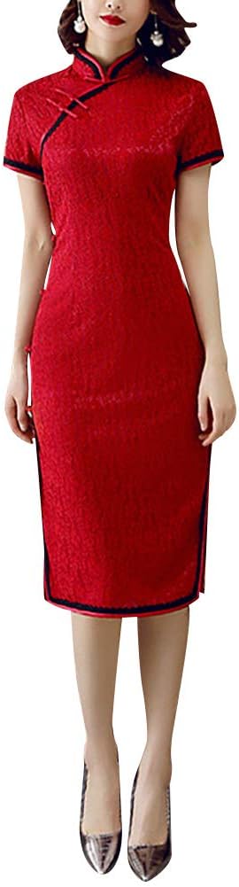 Women's Lace Floral Cheongsam Costume Vintage Embroidery Short Sleeve Side Slit Midi Dress Fashion Chinese Tradtional Qipao Gowns (102# Wine Red, L)