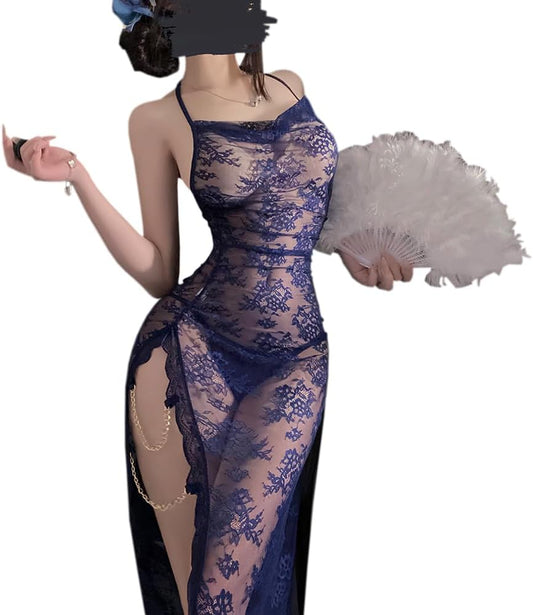 sexy cheongsam for women dress Lingerie Lace chinese Style outfit Qipao Costume High Split Roleplay Bodycon Nightgown anime cosplay Babydoll Thong party Long Skirt blue