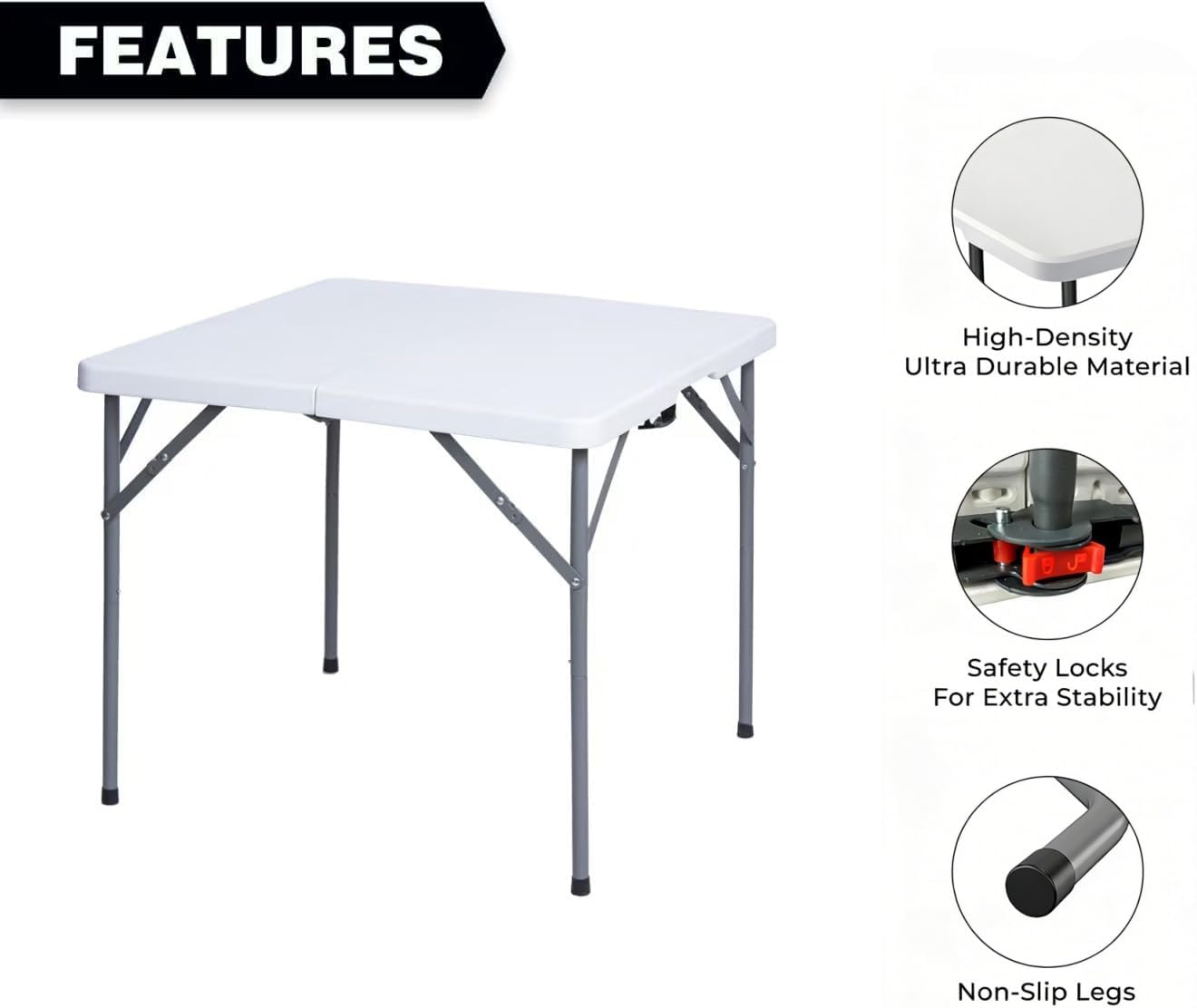 34" Square Folding Table, Plastic Commercial Folding Card Table with Collapsible Legs for Kitchen or Outdoor Party Wedding Event Indoor Outdoor Use, White