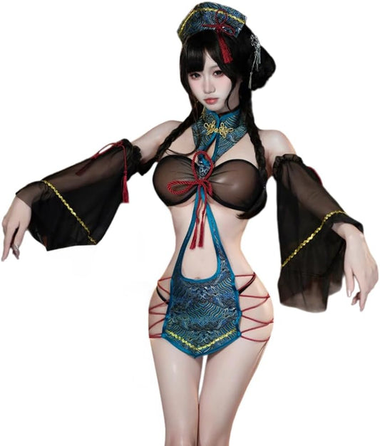 Sexy cheongsam dress for women Lingerie Chinese Zombie Qipao Tassels Cosplay Costume outfit underwear anime Roleplay High Split Chemise Babydoll Thong hat Mesh Set Halloween
