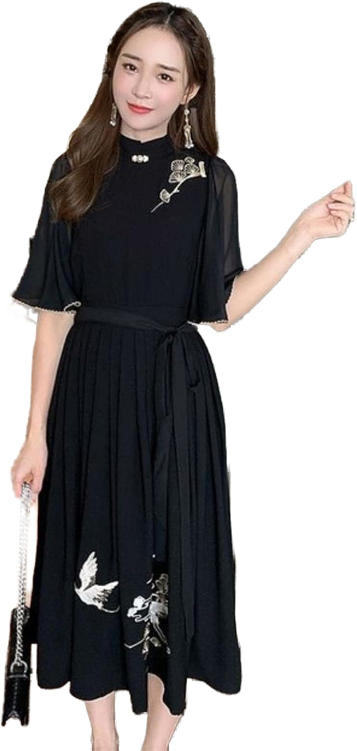 Vintage Black Dress Chinese Style Harajuku Casual Summer Vestido Women Clothing Midi Party Robe Femme Elegant Clothes