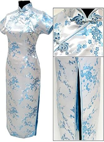 7Fairy Sexy Women's Light Blue Floral Long Chinese Dress Cheongsam