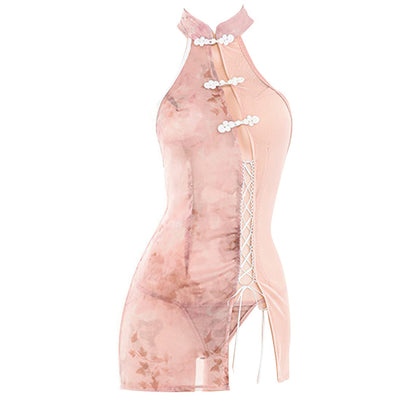 YOMORIO Retro Cheongsam Sexy Mesh Lace Floral Qipao Long Dress Anime Lingerie Costumes