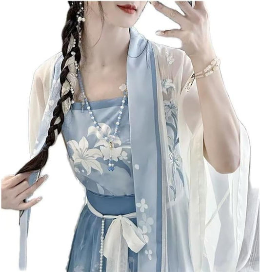 Large Size 8XL Chinese Hanfu Women Traditional Cosplay Costume Song Dynasty Summer Blue Hanfu 3pcs Suit