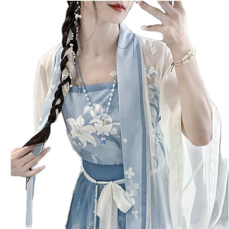 Large Size 8XL Chinese Hanfu Women Traditional Cosplay Costume Song Dynasty Summer Blue Hanfu 3pcs Suit