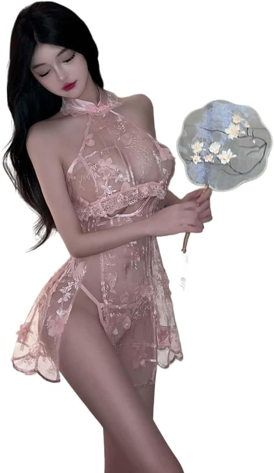 Women's cosplay sexy Perspective Cheongsam underwear Chinese Classical Hollow Print dress