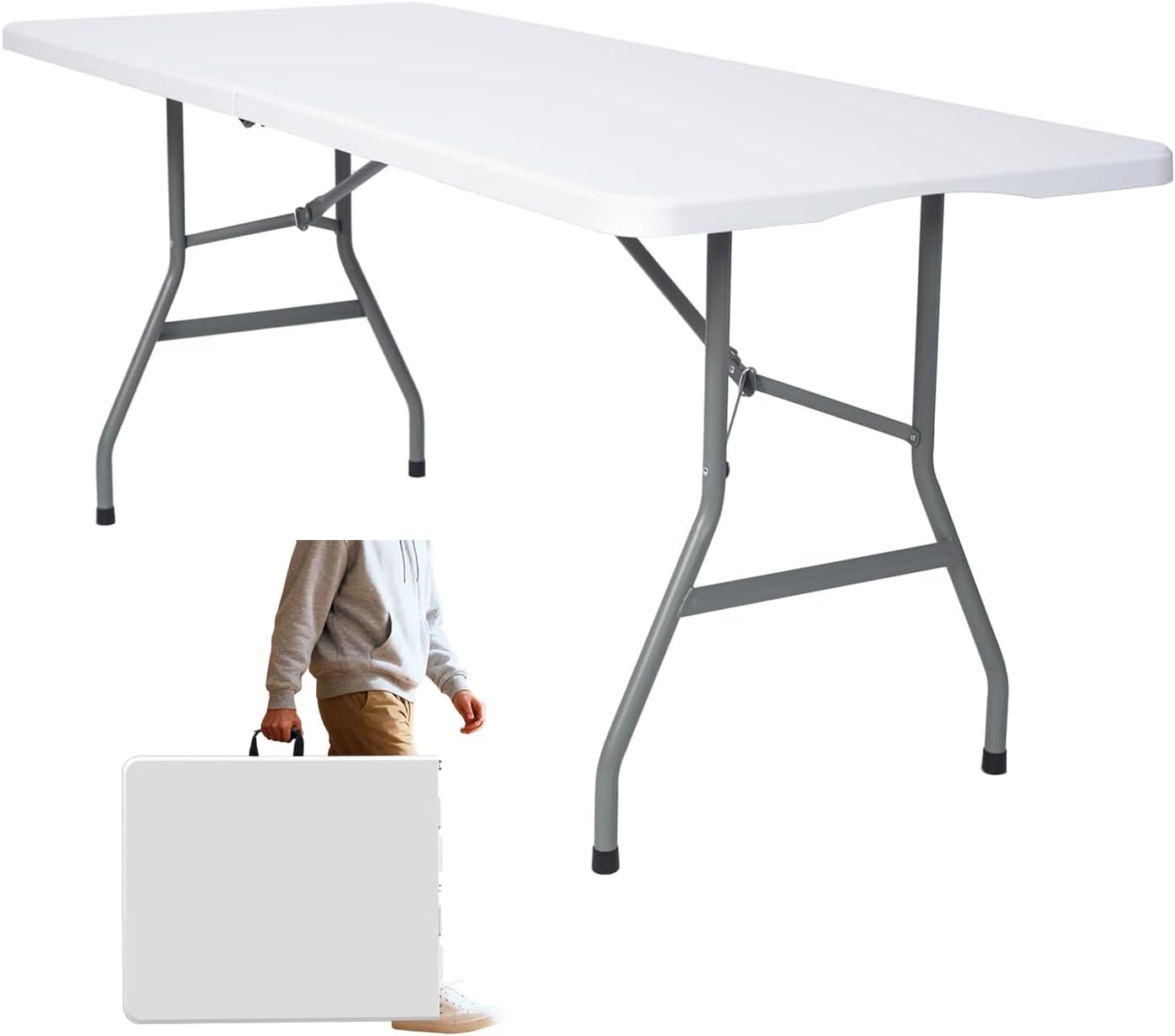 6 FT Folding Table Portable Plastic Fold-in-Half Utility Foldable Table Suitable to Hold Large, Plastic Dining Indoor Outdoor for Camping, Picnic and Party, White