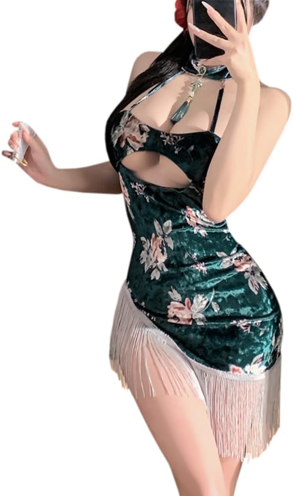 sexy cheongsam dress lingerie for women outfit Cosplay Costume velvet Chinese Style Qipao anime Roleplay cutout halter neck floral print Bodycon Fringe Babydoll Thong Green