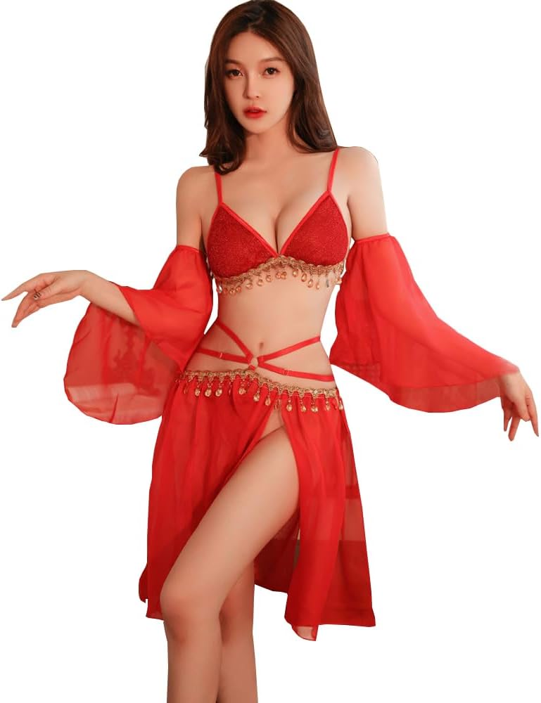 YOMORIO Exotic Costume Sexy Lingerie Roleplay Dancer Hanfu Skirt Chinese Classical Perspective Mesh Bellyband
