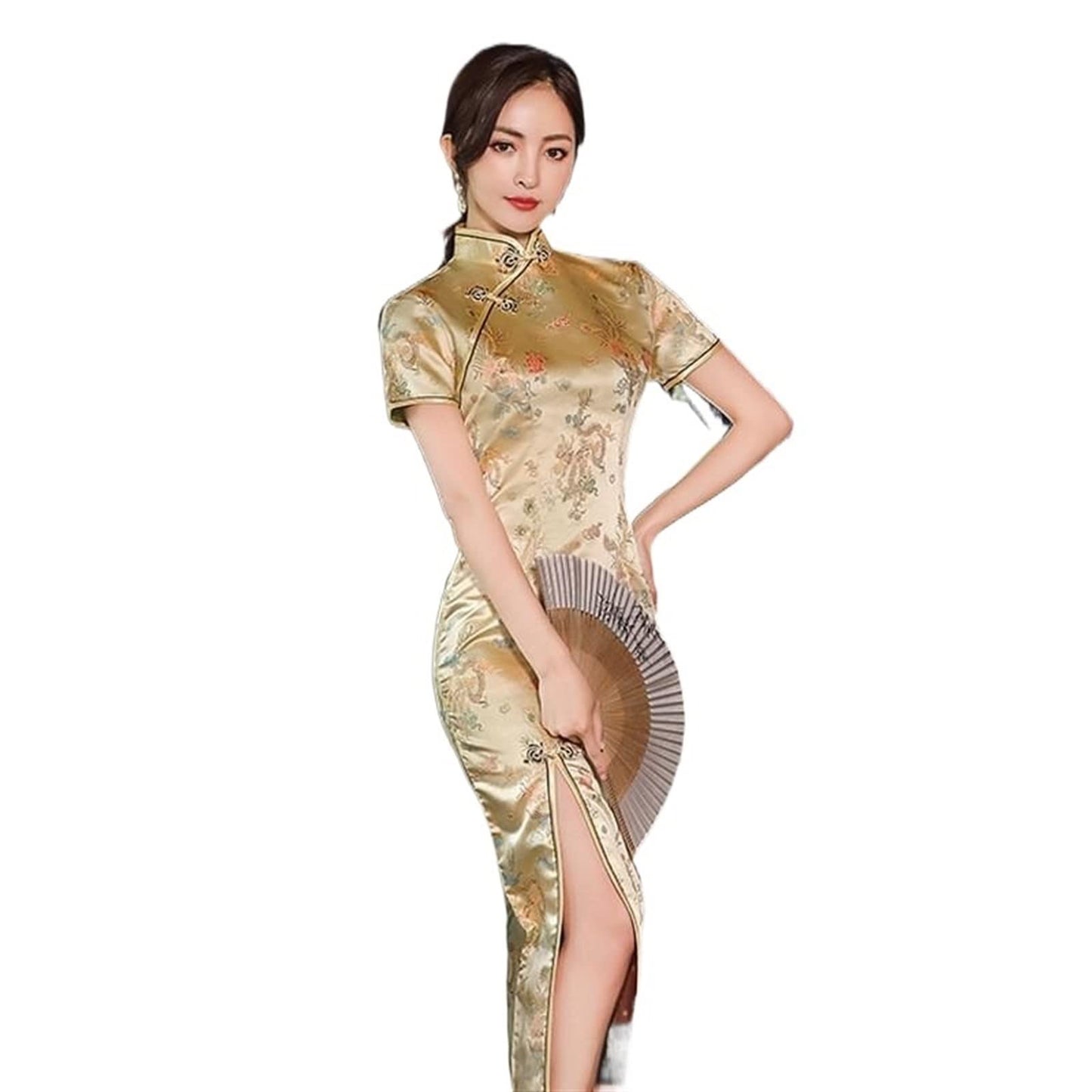 Sexy New Brocade Satin Long Fork Cheongsam Chinese Classic Women Qipao Elegant Short Sleeve Novelty Wedding Evening Dress