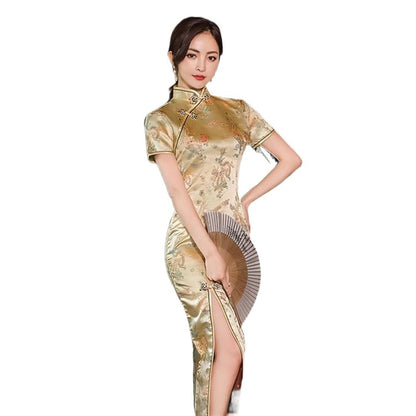 Sexy New Brocade Satin Long Fork Cheongsam Chinese Classic Women Qipao Elegant Short Sleeve Novelty Wedding Evening Dress