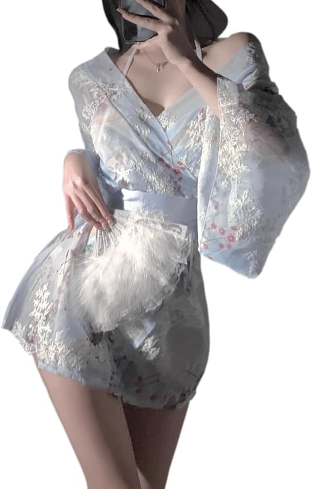 sexy kimono for women lingerie robe costume cosplay Perspective Cute open front Deep V-Neck Floral Pattern short dress Mini Bikini japanese Yukata Anime suit Sleepwear Pajamas outfit set blue