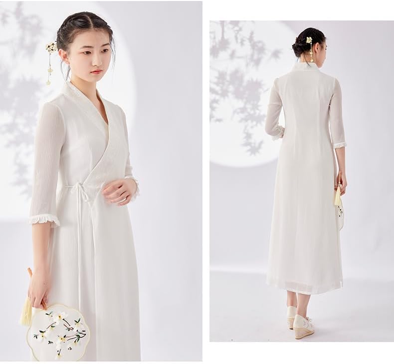 Women Chinese Hanfu Embroidered Clothing Classical Cross V-neck Tie Flowy Mesh Sheer Dance Top Chinese Style Clothes