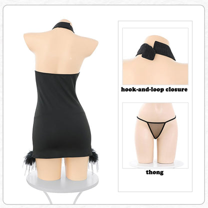 sexy cheongsam dress lingerie for women chinese Qipao cosplay Costume outfit Bodycon High Split Fluffy Feather Nightgown anime Roleplay Chemise Babydoll Sleeves Thong black