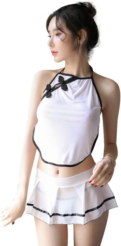 YOMORIO 2 Piece Mesh Cheongsam Lingerie Traditional Chinese Cosplay Nightie Bellyband with Skirt