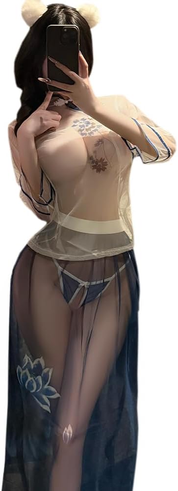 Sexy cheongsam dress for women outfit Floral Lingerie Hanfu Chinese Qipao Cosplay Costume Girl cute anime Roleplay Babydoll Long Skirt Thong Set White Blue