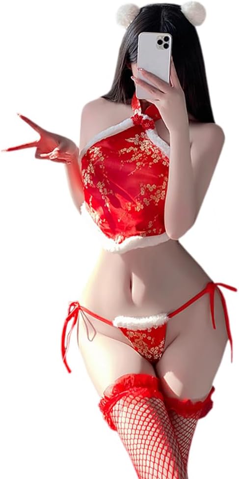 sexy lingerie dress for Women Outfit Chinese Hanfu Cosplay Costume Exotic Cheongsam Cute Fairy Bridal Anime Roleplay Babydoll Faux Fur Trim Bra Halter Top Thong Red