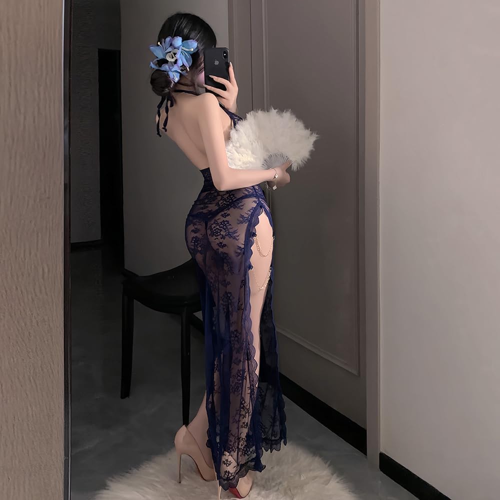 sexy cheongsam for women dress Lingerie Lace chinese Style outfit Qipao Costume High Split Roleplay Bodycon Nightgown anime cosplay Babydoll Thong party Long Skirt blue